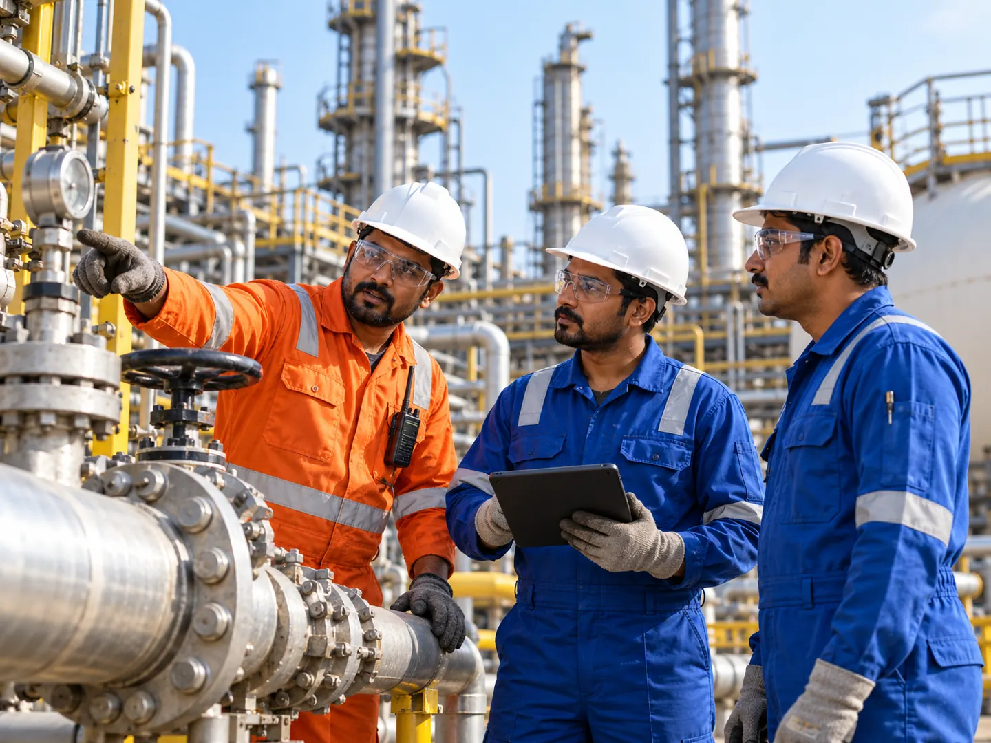 Technicians in coveralls and hard hats inspecting pipework at a processing plant