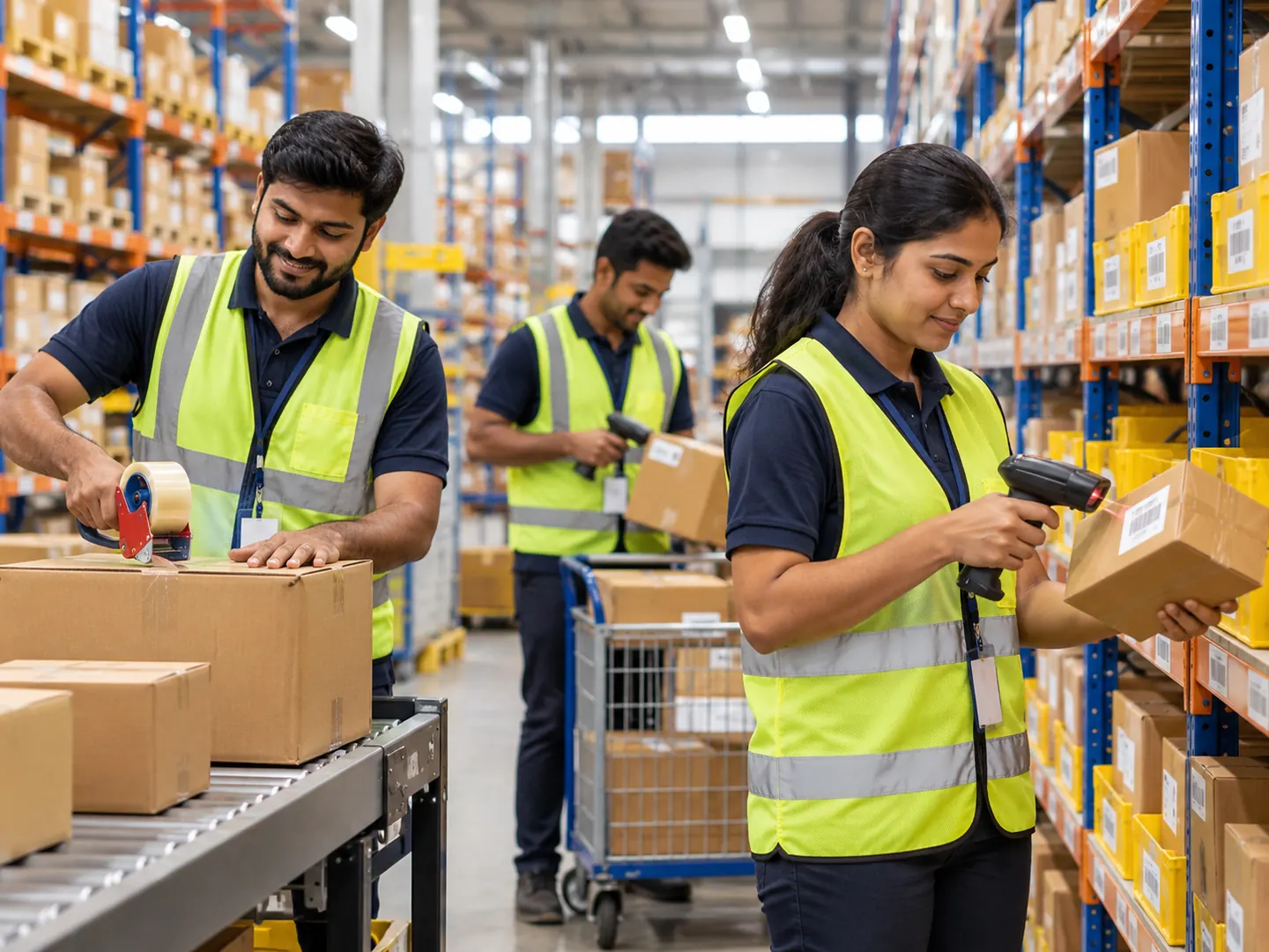 Warehouse staff in hi-vis vests packing and scanning parcels